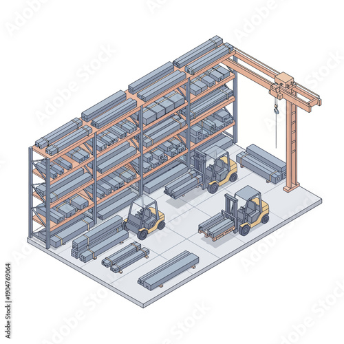 Isometric style, steel warehouse with stacked iron beams and forklifts, structured isometric layout, neutral industrial colors, vector isometric