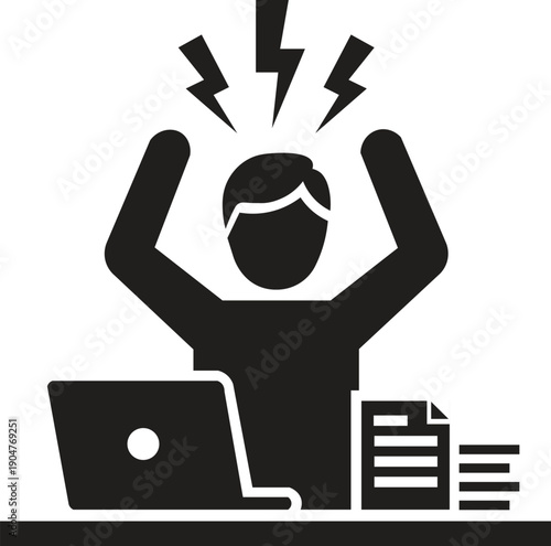 Stressed Office Worker Silhouette, Person at Desk with Laptop and Papers Overwhelmed by Work