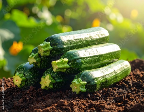 Zucchinis sit piled high on dark soil, basking in sunlight with green foliage in soft focus as the backdrop