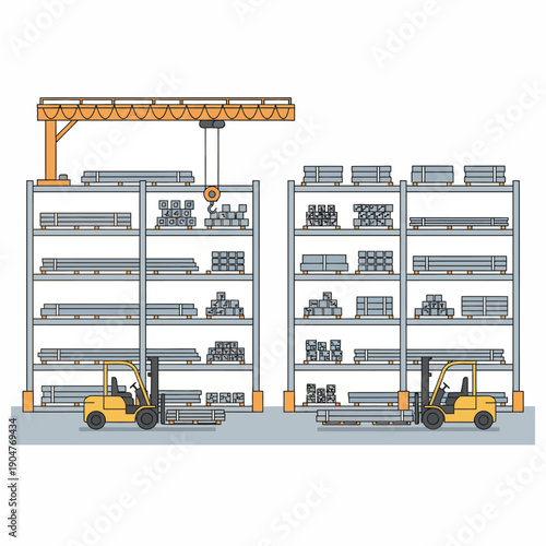 Flat style, steel warehouse storage with stacked metal profiles, balanced flat composition, neutral industrial tones, vector illustration