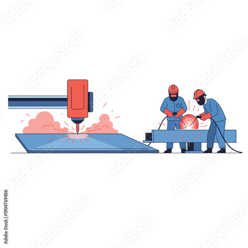 Flat style, steel cutting and welding activity, focused composition, blue and red industrial palette, vector illustration