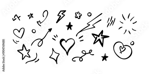 Photos A delightful array of hand-drawn doodles featuring stars, hearts, and various sy