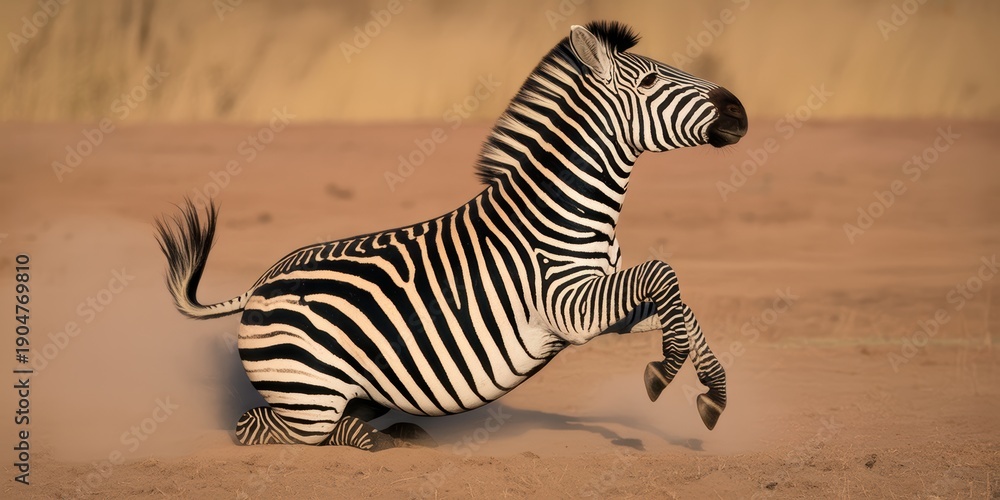 Obraz premium Wild zebra running in dusty African savanna dynamic wildlife action shot in golden sunset light with motion and energy