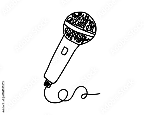 Hand-drawn doodle sketch of a singing microphone. Minimalist vector line art Editable stroke.