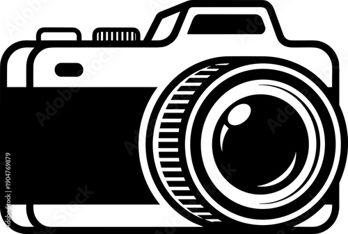 Camera silhouette icon with lens, viewfinder, shutter button, and body contours symbolizing photography, media, and visual arts vector themes