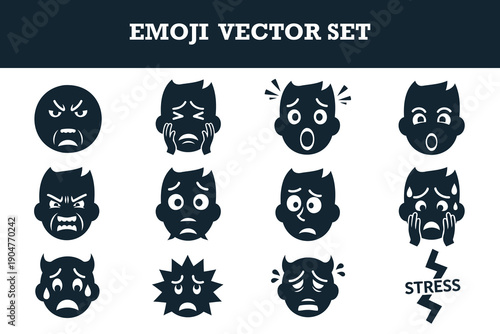 Cute and expressive emoji vector set featuring various emotional faces for stress sadness anger and surprise reactions perfect for graphic design social media and digital communication projects
