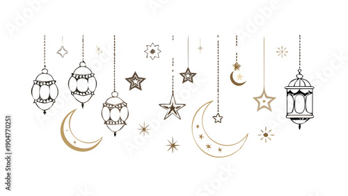 Festive Islamic Decorations: A collection of meticulously crafted crescent moons, star ornaments, and decorative lanterns arranged gracefully. icon vector
