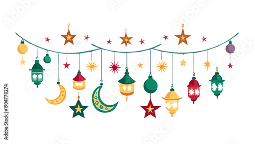 Festive Islamic Decorations: A collection of meticulously crafted crescent moons, star ornaments, and decorative lanterns arranged gracefully. icon vector
