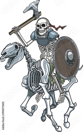skeleton warrior with battle axe and shield riding skeleton horse
