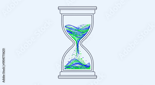 Dynamic hourglass illustration with swirling blue and green particles symbolizing time flow and