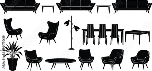 Modern Furniture Icon Set Featuring Sofas Chairs Tables Lamps and Potted Plants for Interior Design Home Decor Architecture and Living