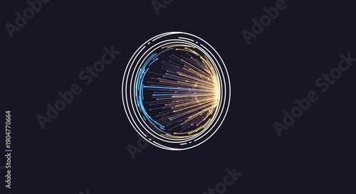 Dynamic abstract energy sphere with light particles and radial lines representing data flow and