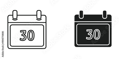 This image displays two calendar icons one in a line art style and the other filled in black both showing the date 30 high quality professional
