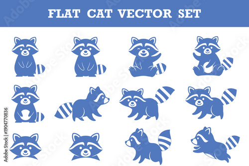 Cute flat cartoon raccoon vector illustration set with various poses and expressions isolated on transparent background perfect for design projects