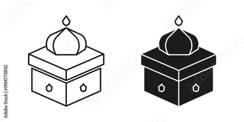 A pair of black and white line art depictions of a kaaba a cubic building central to islamic worship high quality professional detailed modern elegant stylish