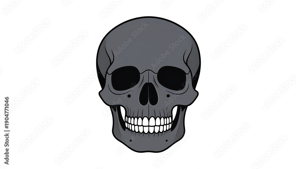 Fototapeta premium Isolated grey skull with black eye sockets and visible teeth, centered against a clean white background