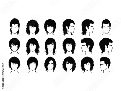 Collection of diverse hairstyles for men and women, from modern to retro, for beauty and fashion design.