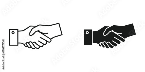 A simple black and white illustration depicts two hands engaged in a handshake symbolizing agreement partnership or greeting high quality professional detailed modern elegant stylish clean