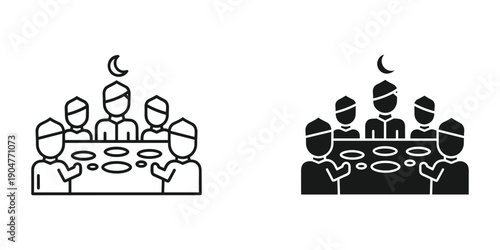 A black and white illustration depicts a group of people seated around a table with crescent moons above them high quality professional detailed modern elegant stylish