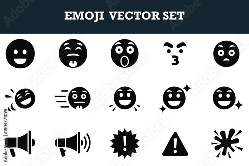 Diverse collection of expressive emoji and symbols vector set featuring happy sad shocked and angry faces with megaphones and alerts