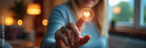 Woman touching glowing heart symbol with finger in cozy living room, showing technology interaction and emotional connection. This heart symbol represents love and affection in digital context.