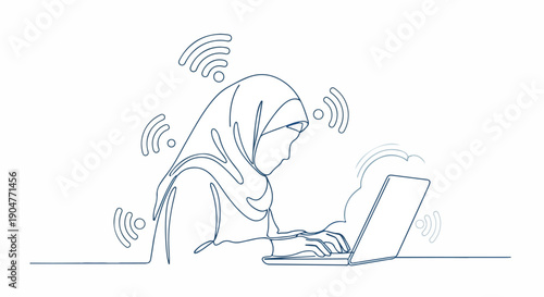 Muslim woman in hijab working on a laptop with Wi-Fi signals, continuous line drawing, modern technology and communication concept