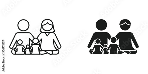 A simple illustration depicts a family of four mother father and two children in both a line art and solid black style high quality professional detailed