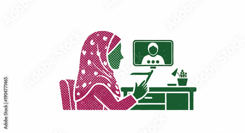 Muslim woman in hijab working remotely on a laptop, participating in a video conference with a colleague
