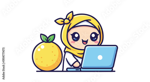 Cute cartoon Muslim girl in yellow hijab working on laptop with orange, vector illustration for education, technology, and healthy lifestyle.