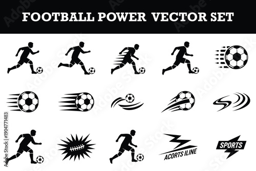 Dynamic football power and speed vector icons featuring players kicking balls with energy lines and motion effects  perfect for sports designs posters banners and social media graphics