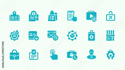 Set of various green icons depicting business and technology symbols