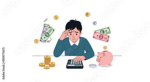 Stressed young man calculating expenses with a calculator at a table, surrounded by floating money and a piggy bank,