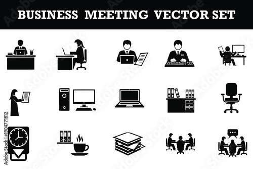 Modern business meeting and office work vector icon set featuring diverse professionals and essential equipment