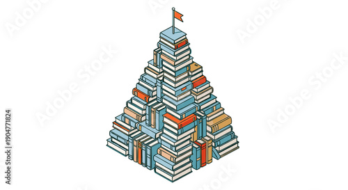 Stacked Stories Reach for the Sky in a Whimsical Literary Mountain of Colorful Books Topped With a Cheerful Flag