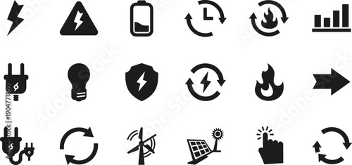 Renewable energy icon set, solar panels, wind turbine, battery charge, electric plug, lightning bolt, sustainable power symbols, eco friendly technology,