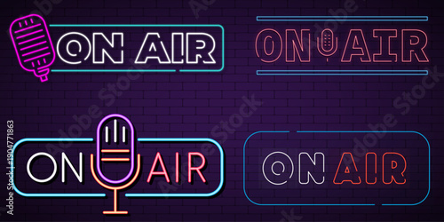 Glowing Neon On Air Sign and Microphone Icons Set, Live Radio Broadcast Vector Collection
