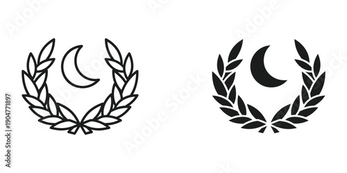 This image showcases two identical black and white emblems featuring crescent moons nestled within circular laurel wreaths symbolizing honor high quality professional detailed modern elegant stylish