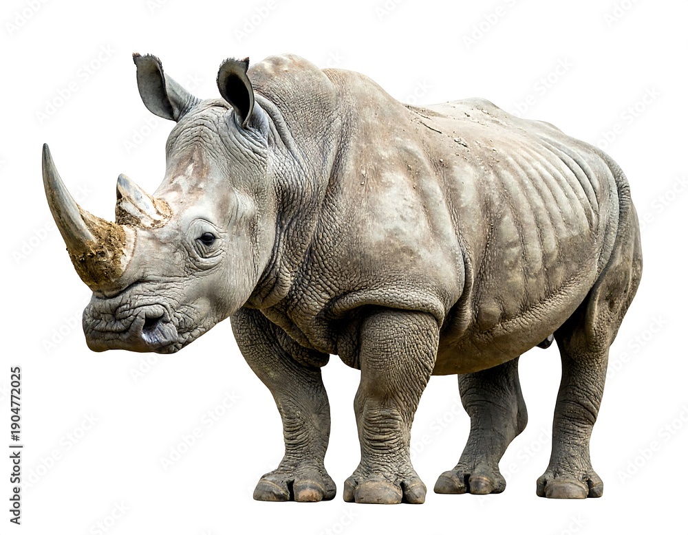 Fototapeta premium Isolated, weathered rhinoceros with a large horn stands against a clean, bright white background