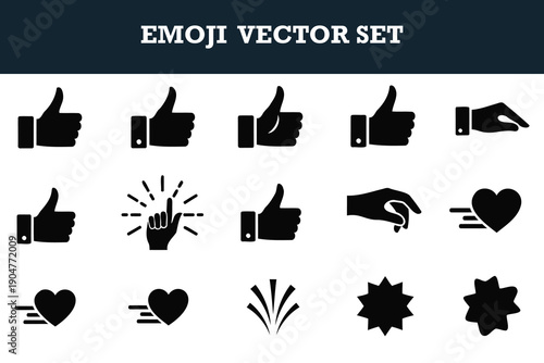 Modern emoji vector set featuring thumbs up hand gestures hearts and celebratory icons for social media reactions