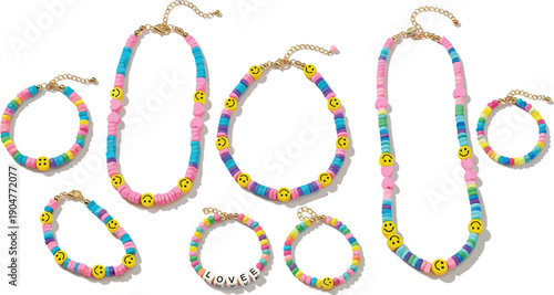 Colorful handmade clay beaded jewelry set featuring necklaces and bracelets with smiley faces and love text for youth fashion accessories