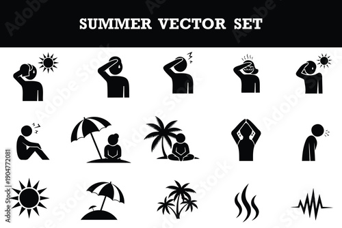 Summer vector icon set featuring heatwave and sunstroke illustrations with people sweating and relaxing under sun