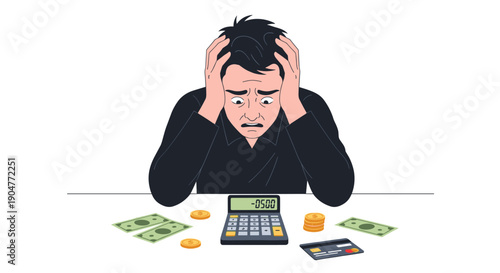 Severely distressed man grasping his head in anguish while staring at a calculator, surrounded by money and a credit