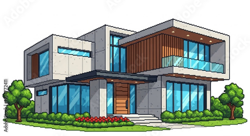 Modern Luxury Two Story House with Large Windows and Green Landscaping.