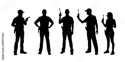 Obraz na plátně Three individuals engaged in various activities while wearing backpacks Vector