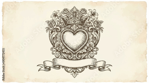 Vintage heart shaped crest with crown and ribbon on old paper