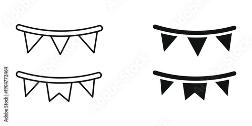 A simple black and white illustration depicts two sets of stylized bunting flags arranged in a symmetrical minimalist design high quality professional detailed modern elegant stylish
