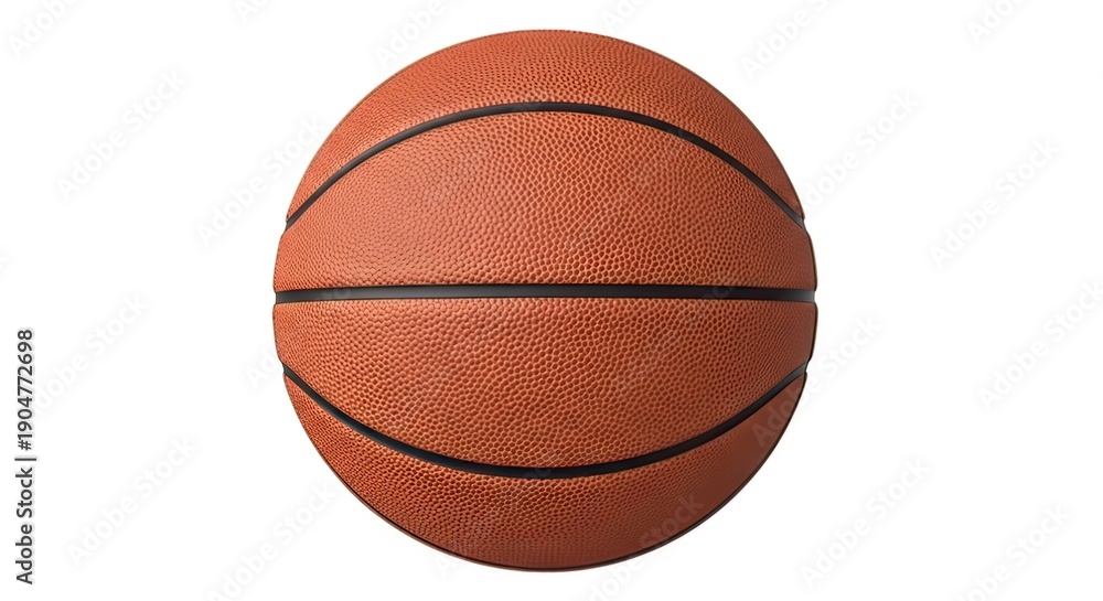 Fototapeta premium A close-up, studio shot of a regulation-size basketball, showcasing its textured surface and distinct seam lines on a plain white background