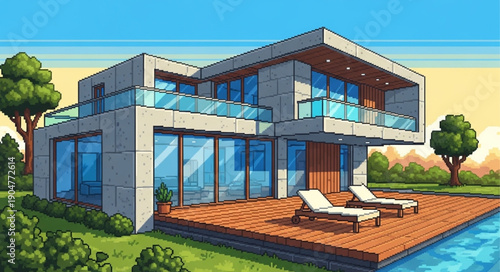 Modern Luxury Villa with Swimming Pool and Deck.
