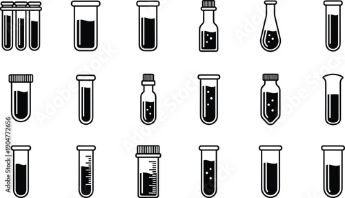 Set of Laboratory Test Tubes and Chemical Vials Icons for Science Research Biology Chemistry Education Medical Analysis and Healthcare Design
