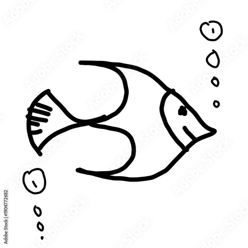 Hand drawn angelfish cartoon illustration, cute tropical fish doodle on dark background, isolated aquatic animal vector style